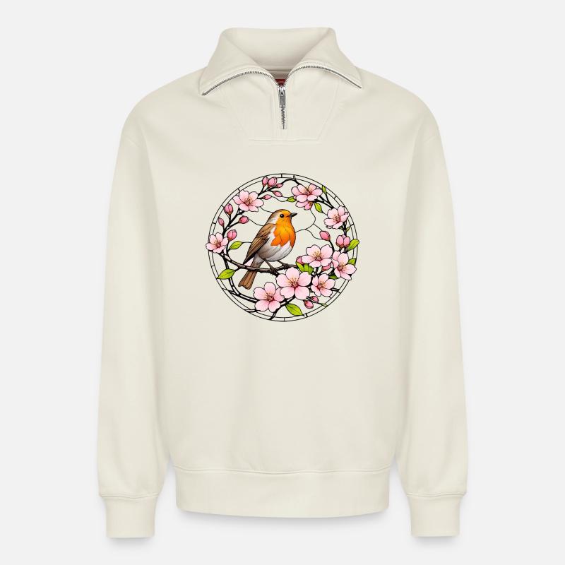 Rotkehlchen mit Kirschblüten Glasfensterstil  - Relaxed Unisex Organic Half Zip Sweatshirt – von SPREAD - Naturweiß