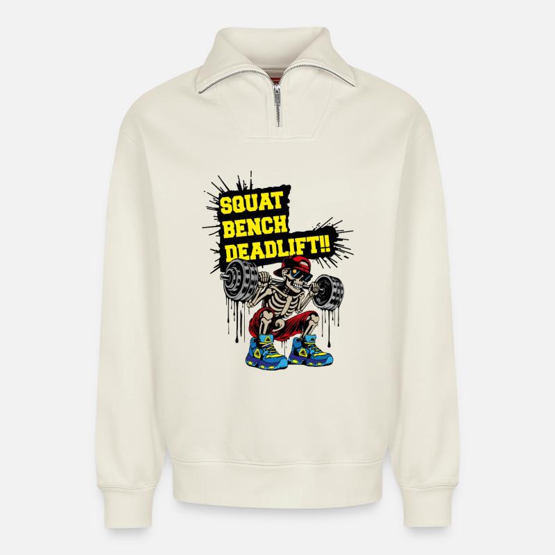 SquadBenchDeadlift - Relaxed Unisex Organic Half Zip Sweatshirt – by SPREAD - off white