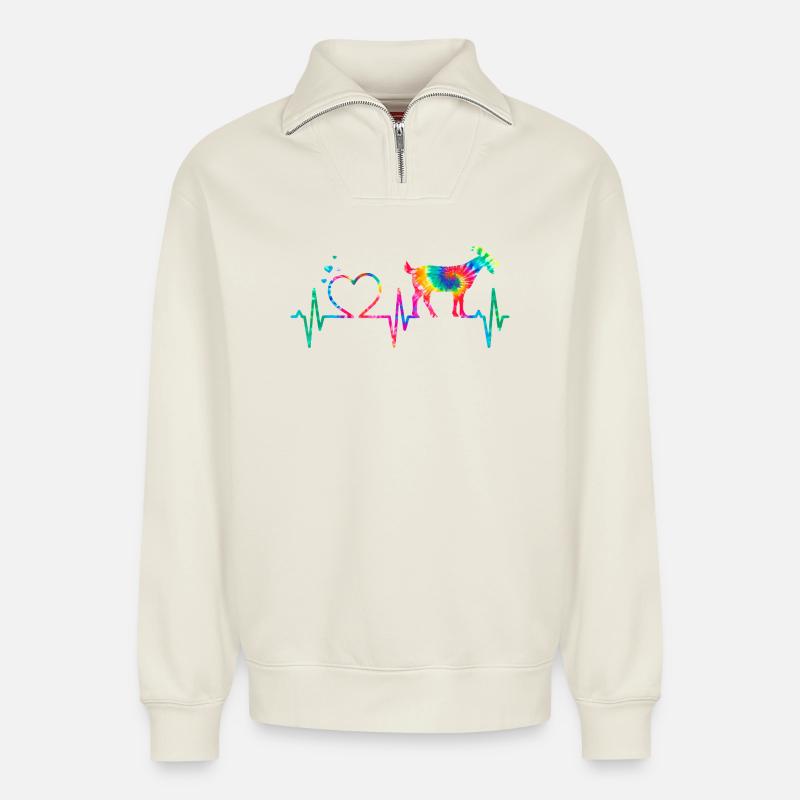 Regenbogenherzziege - Relaxed Unisex Organic Half Zip Sweatshirt – von SPREAD - Naturweiß