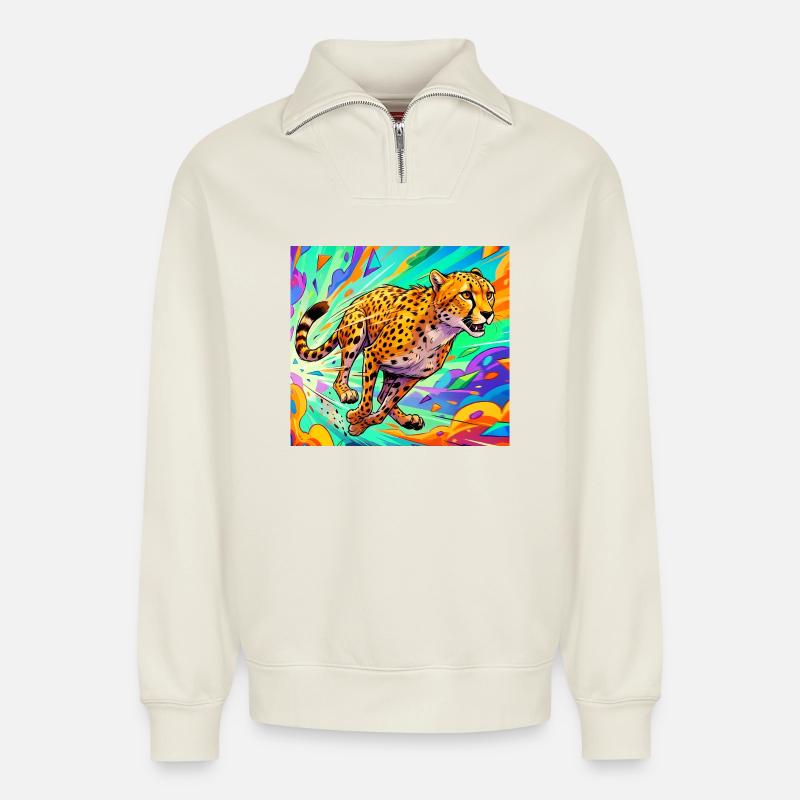 guépard - Sweat unisexe décontracté en coton biologique à demi-zip – de SPREAD - blanc cassé