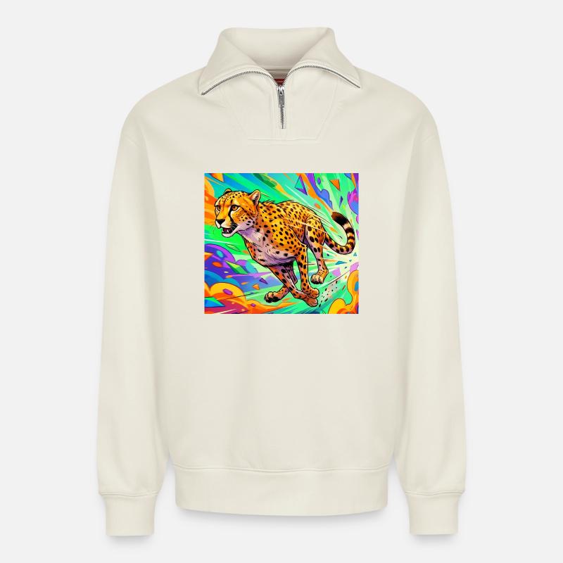 guépard - Sweat unisexe décontracté en coton biologique à demi-zip – de SPREAD - blanc cassé