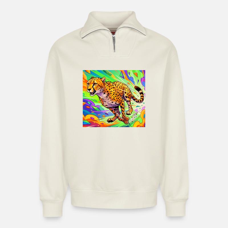 guépard - Sweat unisexe décontracté en coton biologique à demi-zip – de SPREAD - blanc cassé
