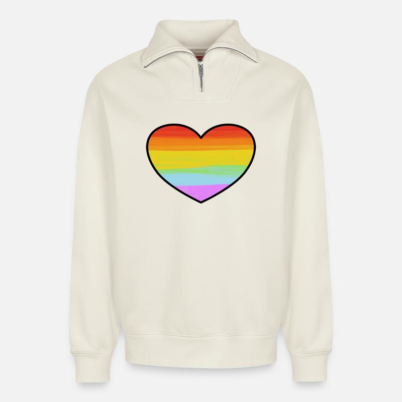 Regenbogenstolzherz - Relaxed Unisex Organic Half Zip Sweatshirt – von SPREAD - Naturweiß