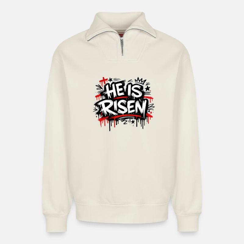 He is risen - Relaxed Unisex Organic Half Zip Sweatshirt – von SPREAD - Naturweiß