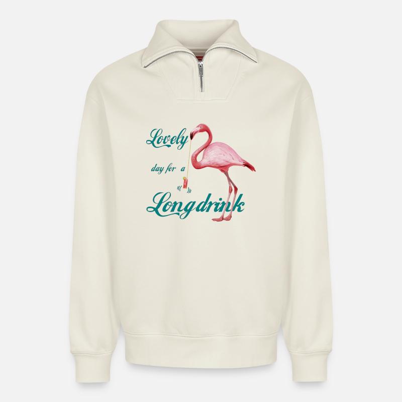 Flamingo mit Longdrink Retro - Relaxed Unisex Organic Half Zip Sweatshirt – von SPREAD - Naturweiß