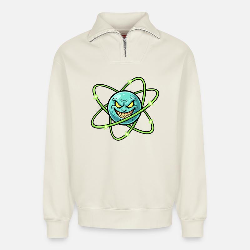 Grim Moon with Atomic Ring - Relaxed Unisex Organic Half Zip Sweatshirt – by SPREAD - off white