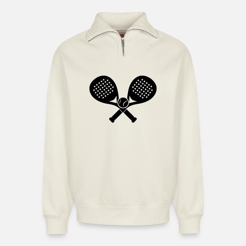Padel_raquette_croises - Sweat unisexe décontracté en coton biologique à demi-zip – de SPREAD - blanc cassé