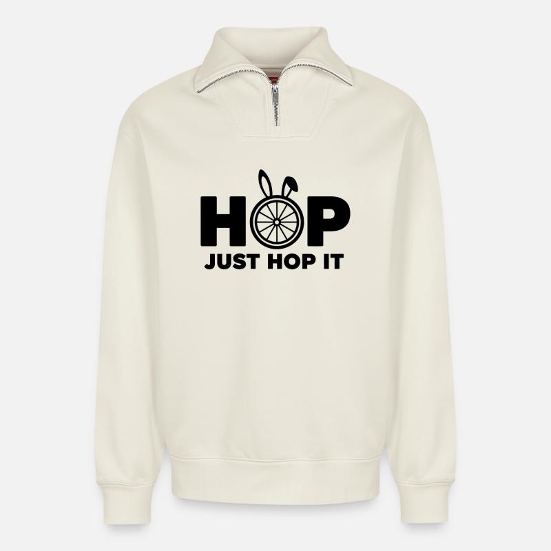 Saute Juste, Bicycle Bunny - Sweat unisexe décontracté en coton biologique à demi-zip – de SPREAD - blanc cassé