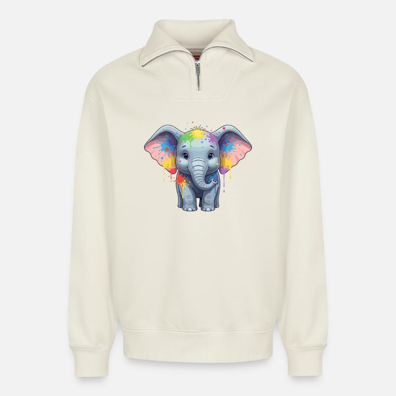 Bunter Elefanten-Splash - Relaxed Unisex Organic Half Zip Sweatshirt – von SPREAD - Naturweiß