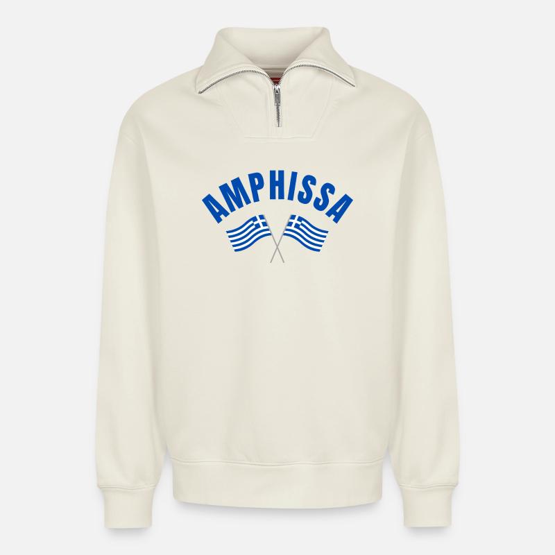 Amphissa Drapeaux grecs - Sweat unisexe décontracté en coton biologique à demi-zip – de SPREAD - blanc cassé
