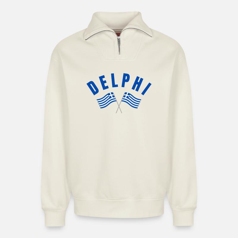 Delphi-Zwillingsflaggen Griechenlands - Relaxed Unisex Organic Half Zip Sweatshirt – von SPREAD - Naturweiß