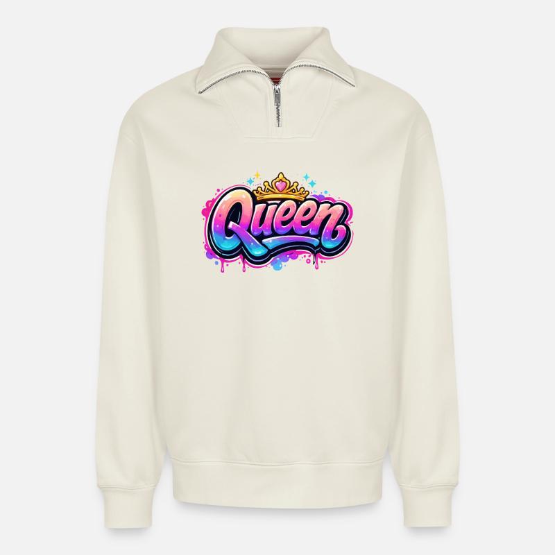 Queen Graffiti Crown Design - Sweat unisexe décontracté en coton biologique à demi-zip – de SPREAD - blanc cassé
