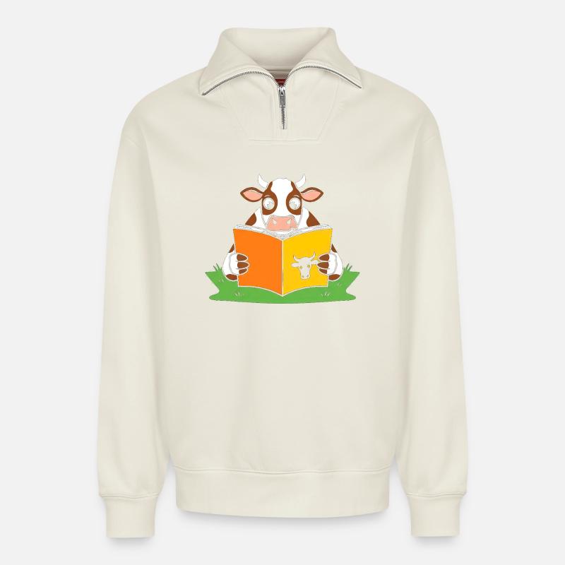 Vache lectrice en ruban - Sweat unisexe décontracté en coton biologique à demi-zip – de SPREAD - blanc cassé