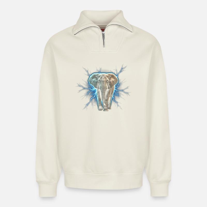 Blitzelefant mit elektrischer Aura - Relaxed Unisex Organic Half Zip Sweatshirt – von SPREAD - Naturweiß