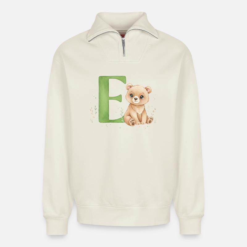 E mit Teddy: Verspielter Buchstabe E - Relaxed Unisex Organic Half Zip Sweatshirt – von SPREAD - Naturweiß