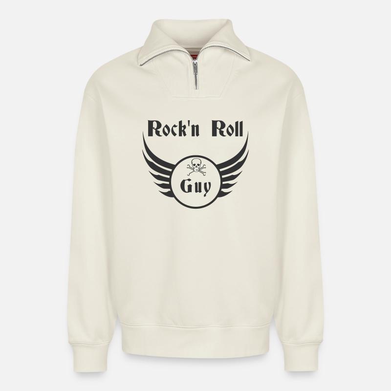 Guy Rock and Roll Skull Wings - Relaxed Unisex Organic Half Zip Sweatshirt – von SPREAD - Naturweiß