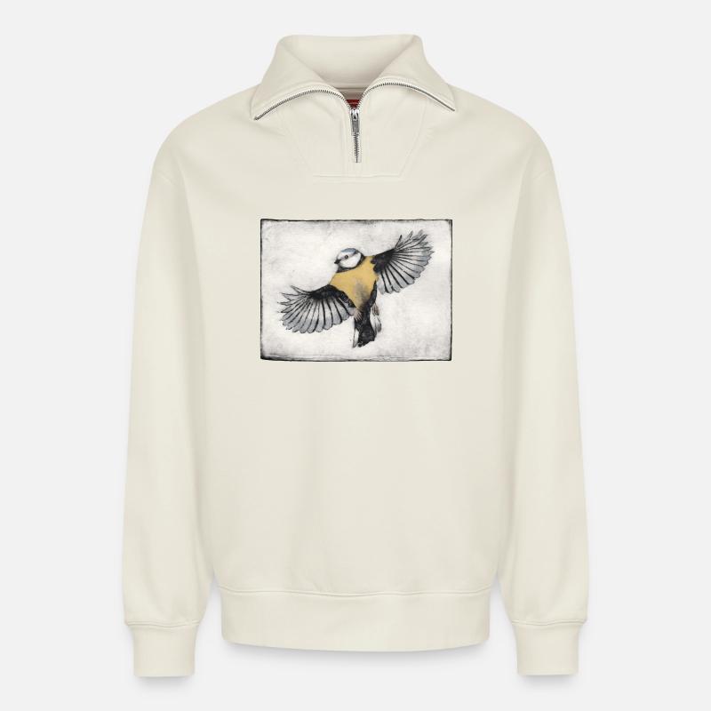 Vogel im Flug - handgeschnitzte Druckvorlage - Relaxed Unisex Organic Half Zip Sweatshirt – von SPREAD - Naturweiß