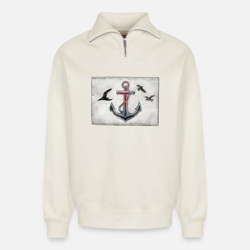Anker mit Möwen - handgeschnitzte Druckvorlage - Relaxed Unisex Organic Half Zip Sweatshirt – von SPREAD - Naturweiß