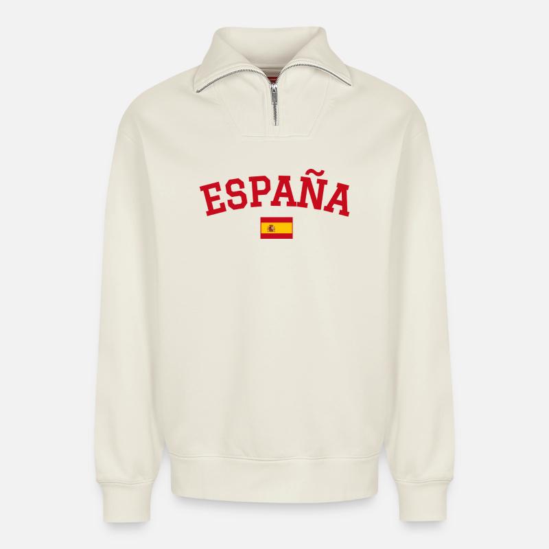 Spanien Flagge Design Rot - Relaxed Unisex Organic Half Zip Sweatshirt – von SPREAD - Naturweiß