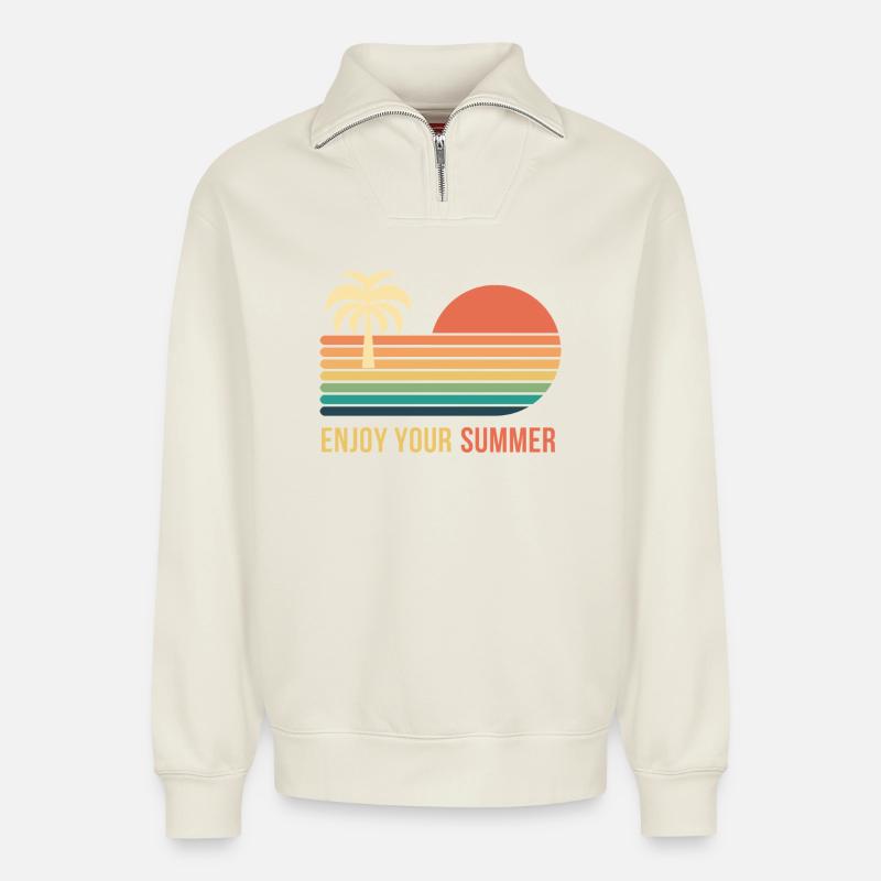 Sunset Retro Palm Tree - Relaxed Unisex Organic Half Zip Sweatshirt – by SPREAD - off white