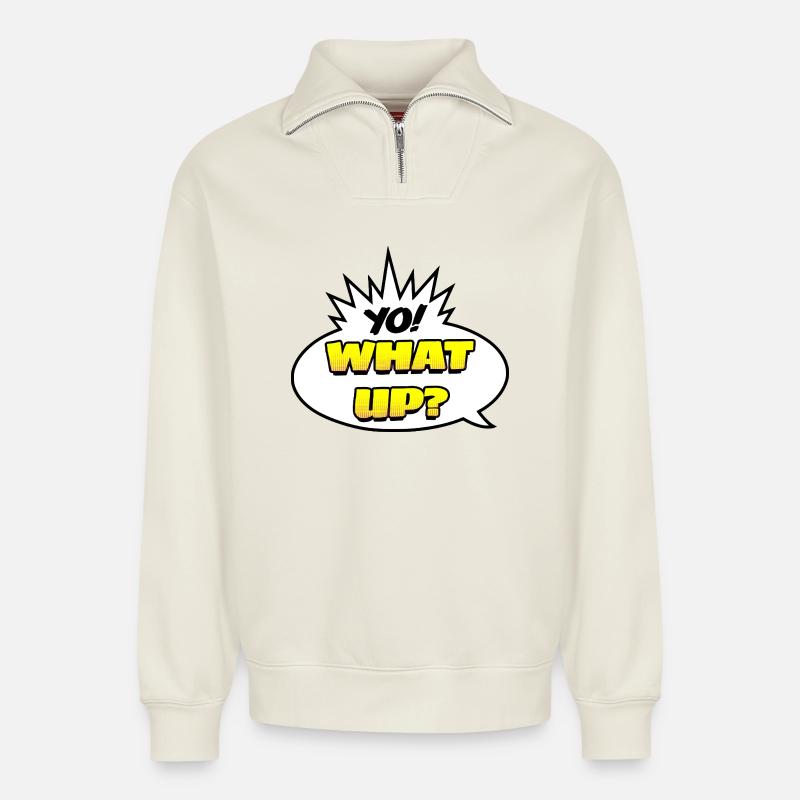 Yo ! Quoi de neuf ? - Sweat unisexe décontracté en coton biologique à demi-zip – de SPREAD - blanc cassé