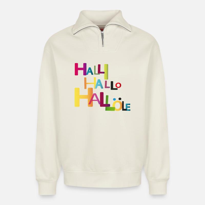 Hello Hello Hello - Relaxed Unisex Organic Half Zip Sweatshirt – by SPREAD - off white
