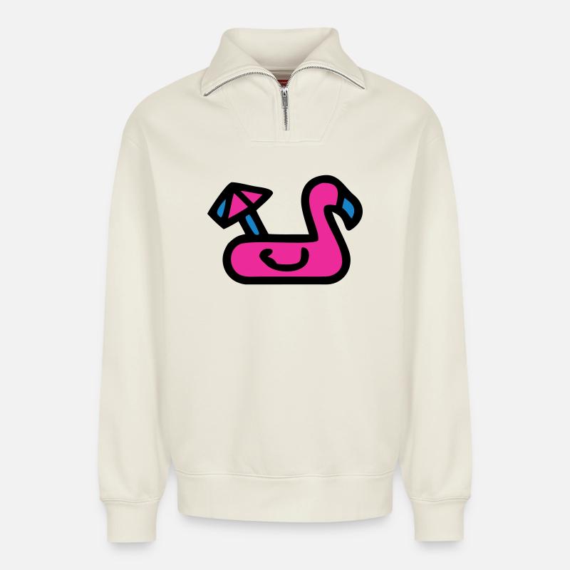 Flamingo Air Mattress Retro - Relaxed Unisex Organic Half Zip Sweatshirt – by SPREAD - off white