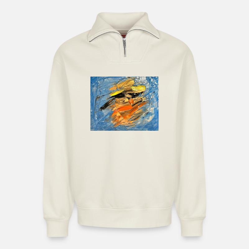 Blauer Farbwirbel im Orange - Relaxed Unisex Organic Half Zip Sweatshirt – von SPREAD - Naturweiß