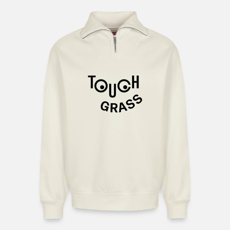 Grasfröhliches Gesicht - Relaxed Unisex Organic Half Zip Sweatshirt – von SPREAD - Naturweiß