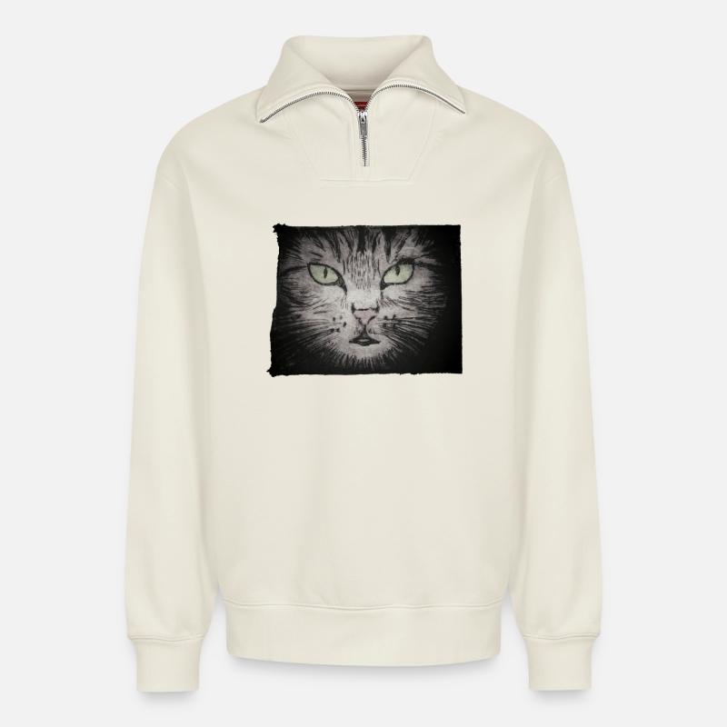 Katze schwarz - handgeschnitzte Druckvorlage - Relaxed Unisex Organic Half Zip Sweatshirt – von SPREAD - Naturweiß