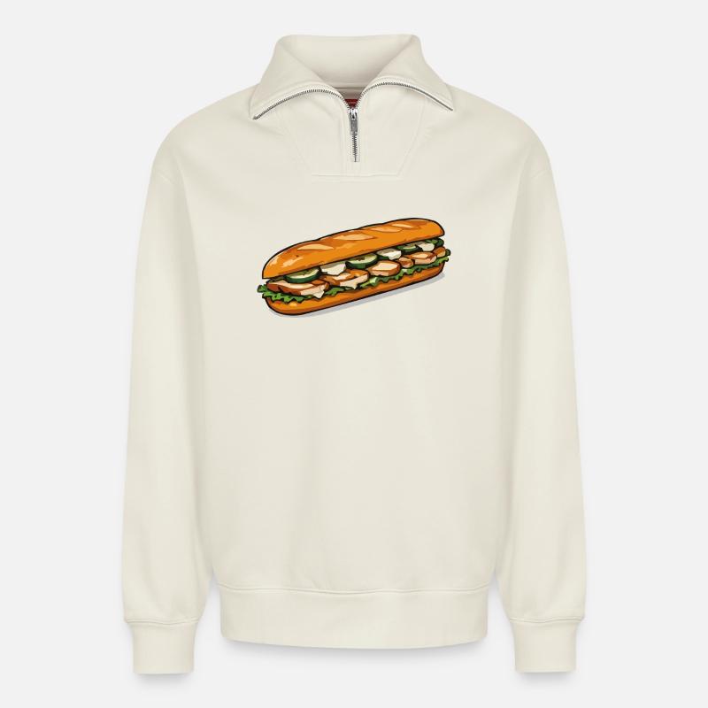Bunter Baguette-Sandwich - Relaxed Unisex Organic Half Zip Sweatshirt – von SPREAD - Naturweiß