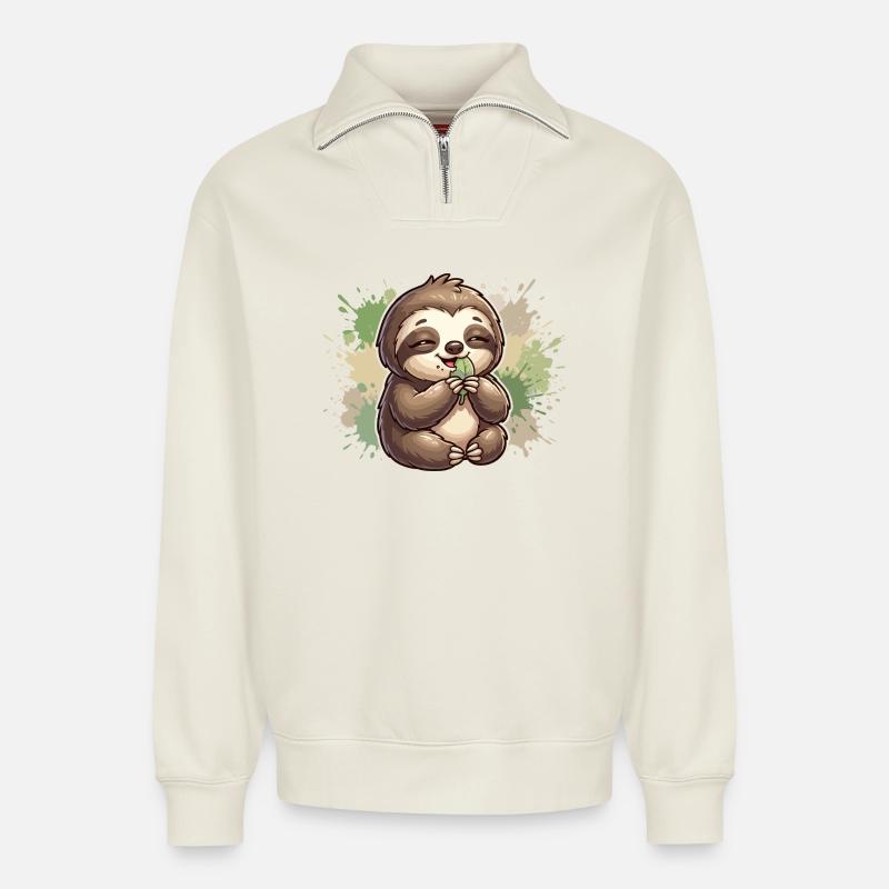 Sloth with leaf cuddles - Relaxed Unisex Organic Half Zip Sweatshirt – by SPREAD - off white