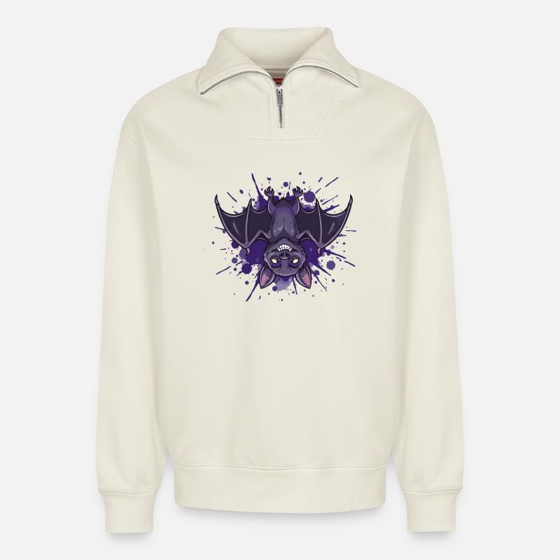Night Bat Purple Splash - Relaxed Unisex Organic Half Zip Sweatshirt – by SPREAD - off white