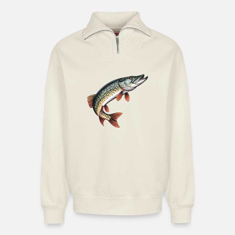 Farbiger Hechtdruck - Relaxed Unisex Organic Half Zip Sweatshirt – von SPREAD - Naturweiß