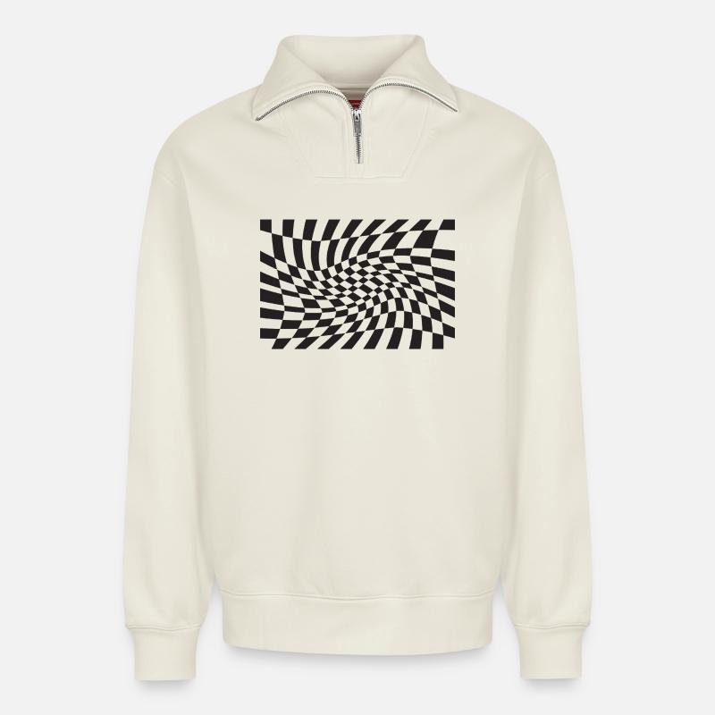 Spirale optique à checker déformé - Sweat unisexe décontracté en coton biologique à demi-zip – de SPREAD - blanc cassé