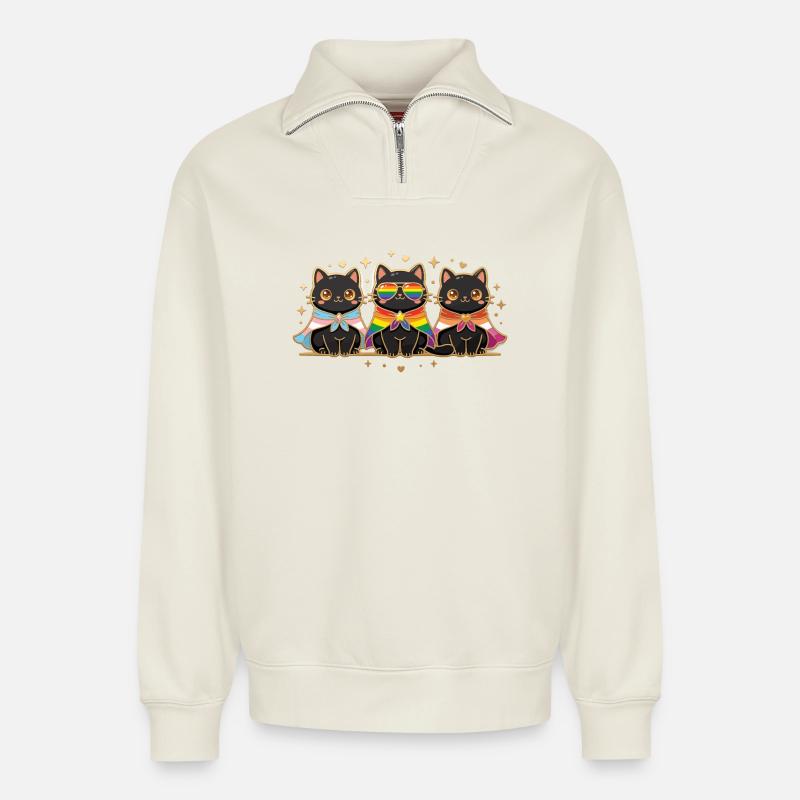 LGBTQ-Pride-Monat – Rainbow Cats - Relaxed Unisex Organic Half Zip Sweatshirt – von SPREAD - Naturweiß