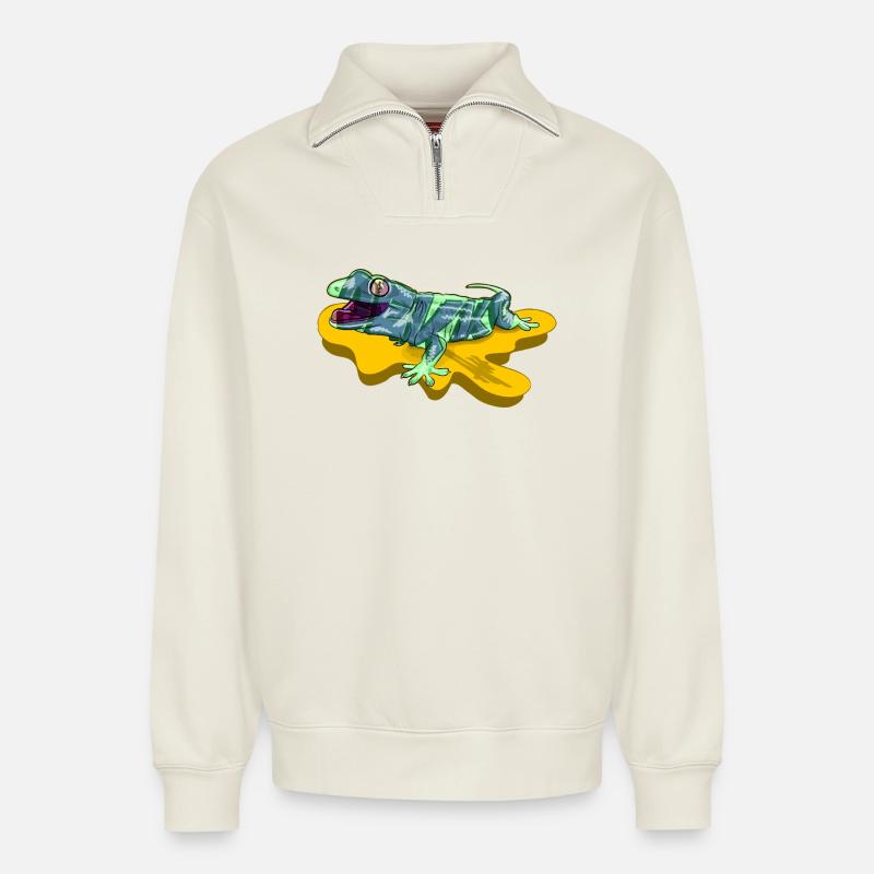 Eidechse auf neongelbem Teich - Relaxed Unisex Organic Half Zip Sweatshirt – von SPREAD - Naturweiß
