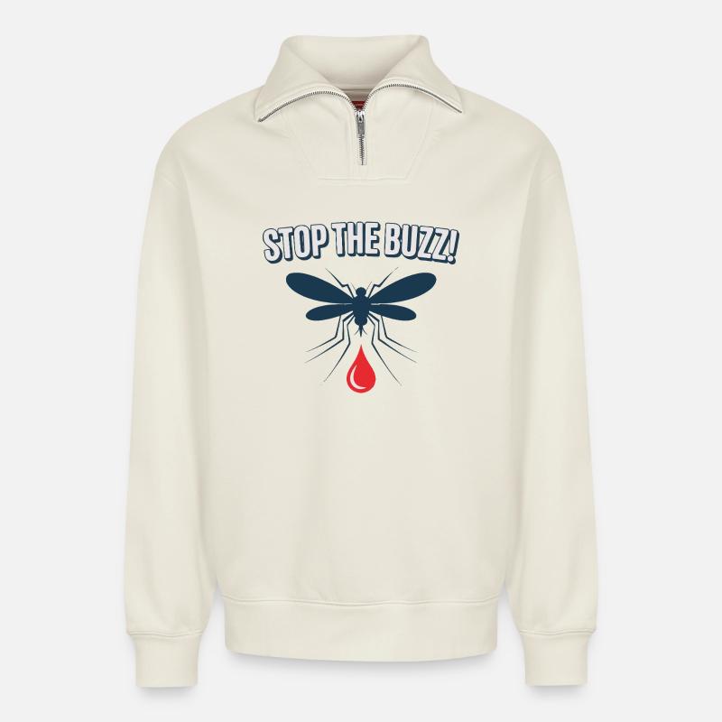 Stopp den Buzz Mückenblutrotttropfen - Relaxed Unisex Organic Half Zip Sweatshirt – von SPREAD - Naturweiß