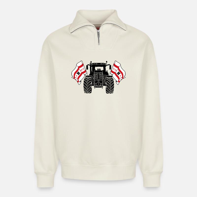 Drenthe_Tractor_Pride - Sweat unisexe décontracté en coton biologique à demi-zip – de SPREAD - blanc cassé