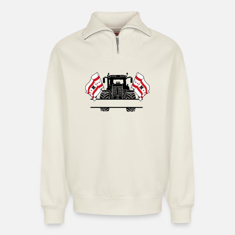 Drenthe_Tractor_Custom_Edition - Sweat unisexe décontracté en coton biologique à demi-zip – de SPREAD - blanc cassé