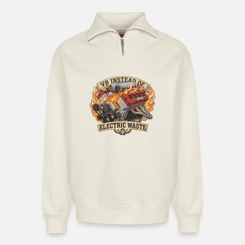 V8 Statt EV – Electric Waste - Relaxed Unisex Organic Half Zip Sweatshirt – von SPREAD - Naturweiß