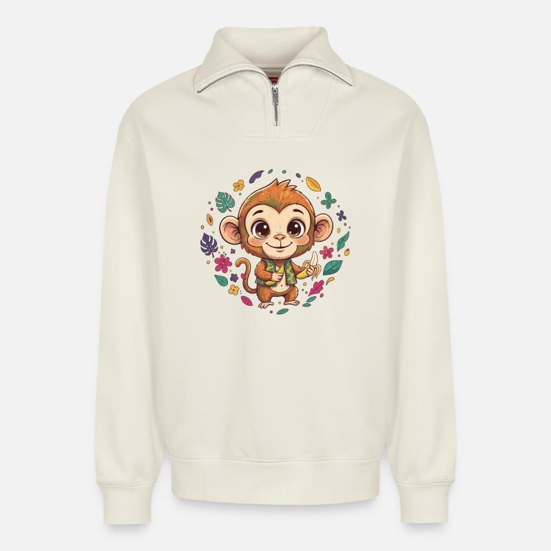Tropischer Affe mit Banane - Relaxed Unisex Organic Half Zip Sweatshirt – von SPREAD - Naturweiß