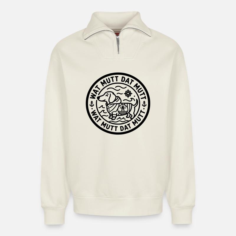 wat mutt dat mutt dachshund - Relaxed Unisex Organic Half Zip Sweatshirt – by SPREAD - off white