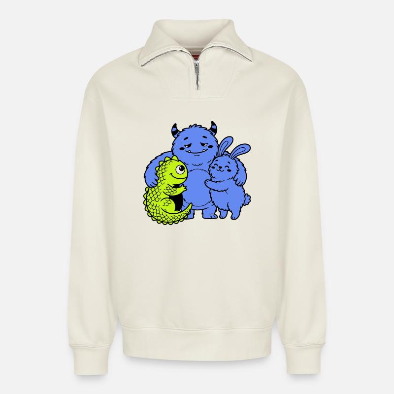 Monstres mignons - Sweat unisexe décontracté en coton biologique à demi-zip – de SPREAD - blanc cassé