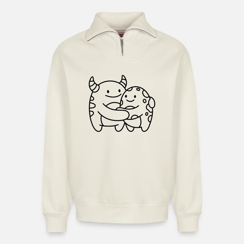 Monstres - Sweat unisexe décontracté en coton biologique à demi-zip – de SPREAD - blanc cassé