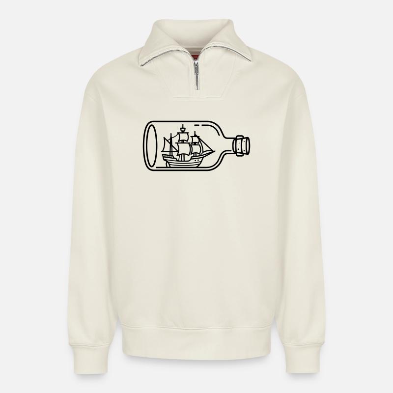 Schiff in der Flasche - Relaxed Unisex Organic Half Zip Sweatshirt – von SPREAD - Naturweiß