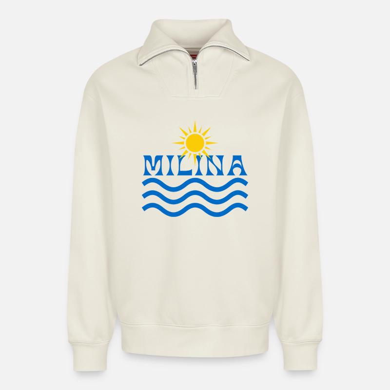 Milina Sun and Waves - Relaxed Unisex Organic Half Zip Sweatshirt – by SPREAD - off white