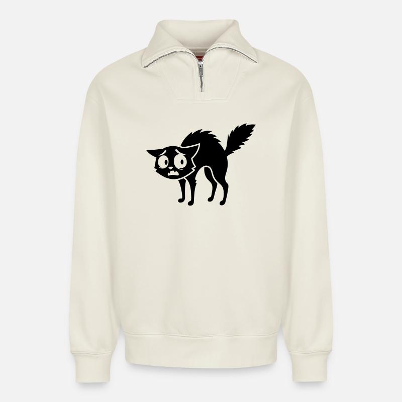 Chat effrayé - Sweat unisexe décontracté en coton biologique à demi-zip – de SPREAD - blanc cassé