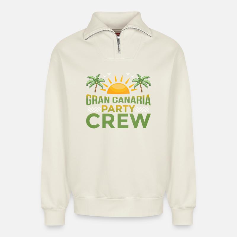 Gran Canaria Party Crew - Relaxed Unisex Organic Half Zip Sweatshirt – by SPREAD - off white