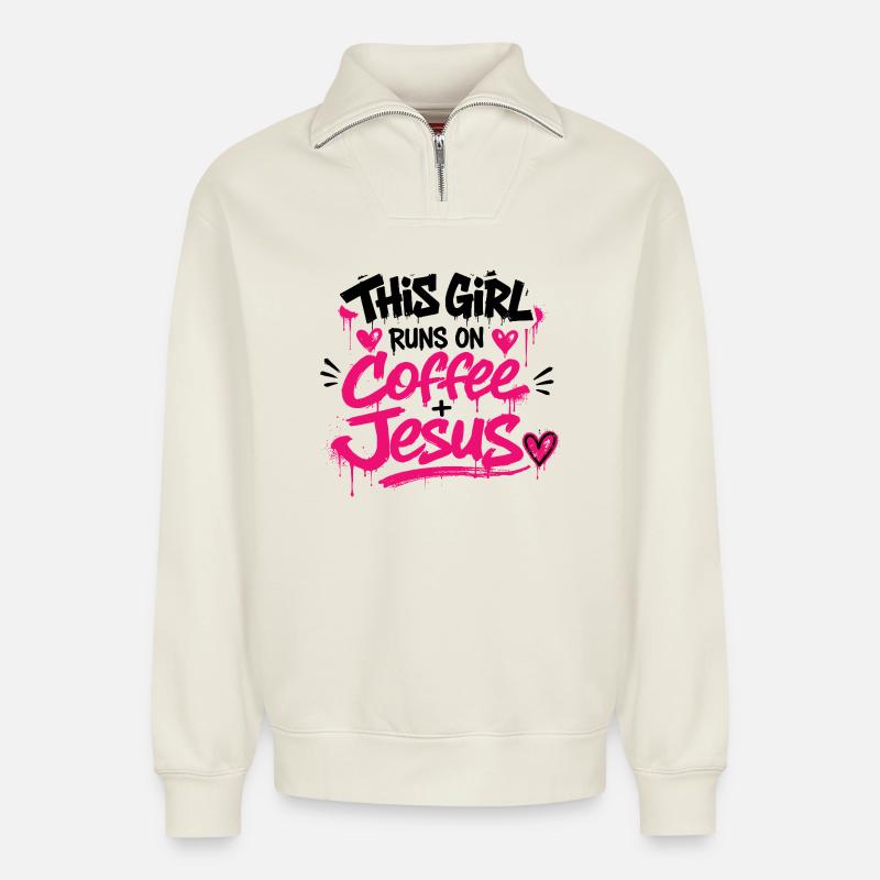 Coffee Jesus Graffiti - Sweat unisexe décontracté en coton biologique à demi-zip – de SPREAD - blanc cassé